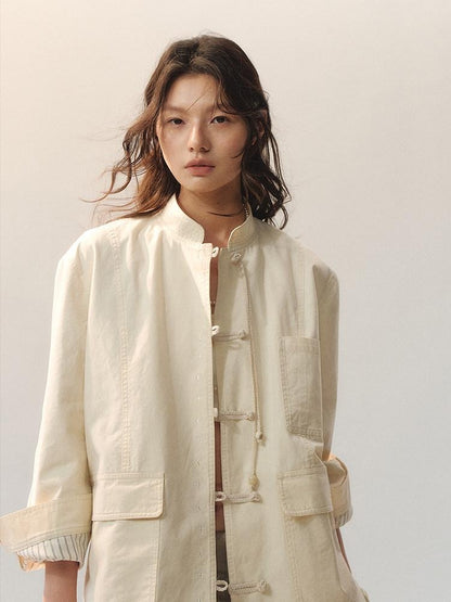 AnnoMundi 100 Percent Cotton Chinese Loose Fit Women Casual Beige Overshirts