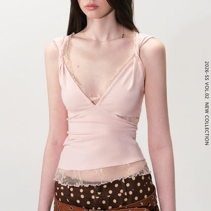 The NeverMore Soft Lace Slim Fit V-neck Stretch Cotton Tencel Women Pink Camisoles