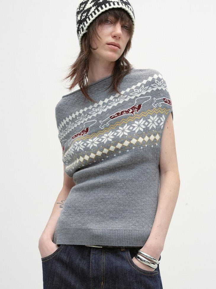 RUN TO THE FUTURE Acrylic Wool Blend Slim Cape Animal Print Women Asymmetrical Neck Grey Sweaters