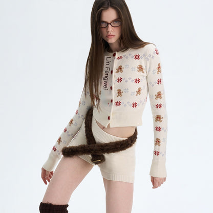 The NeverMore Cashmere Blend Bear Jacquard Cute Slim Cropped Crewneck Knitwear Cardigans