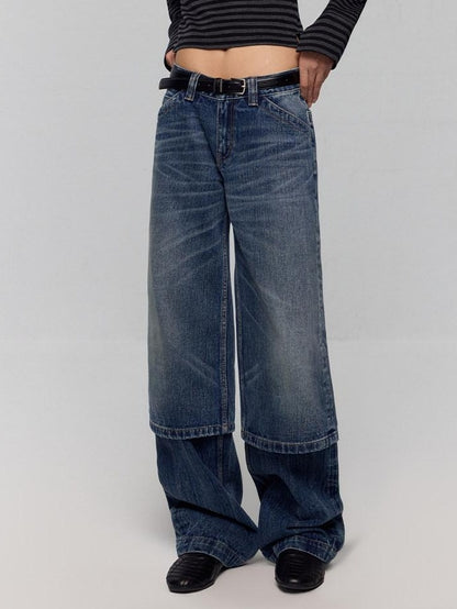 RUN TO THE FUTURE Washed Blue Denim Low Waist Relaxed Fit Casual Zipper Fly Wide-Leg Jeans