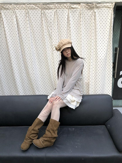 ang project Mocha Sheer Mesh Layered Ruffle Round Neck Women&