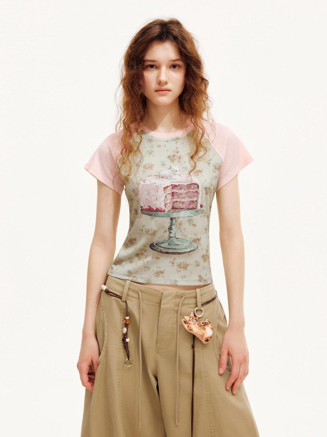 OuttheBlue Pink Textured Patchwork Raglan Food Print Women&