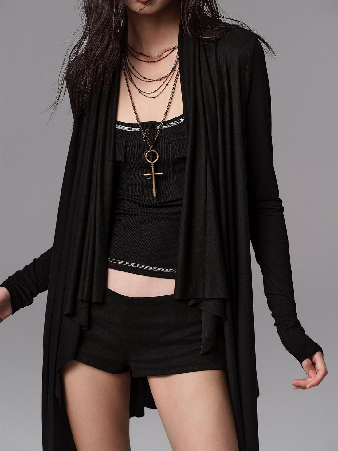 Low pixel Soft Viscose Loose Fit Dark Gothic Open Front Women Black Long Sleeve Crop Tops
