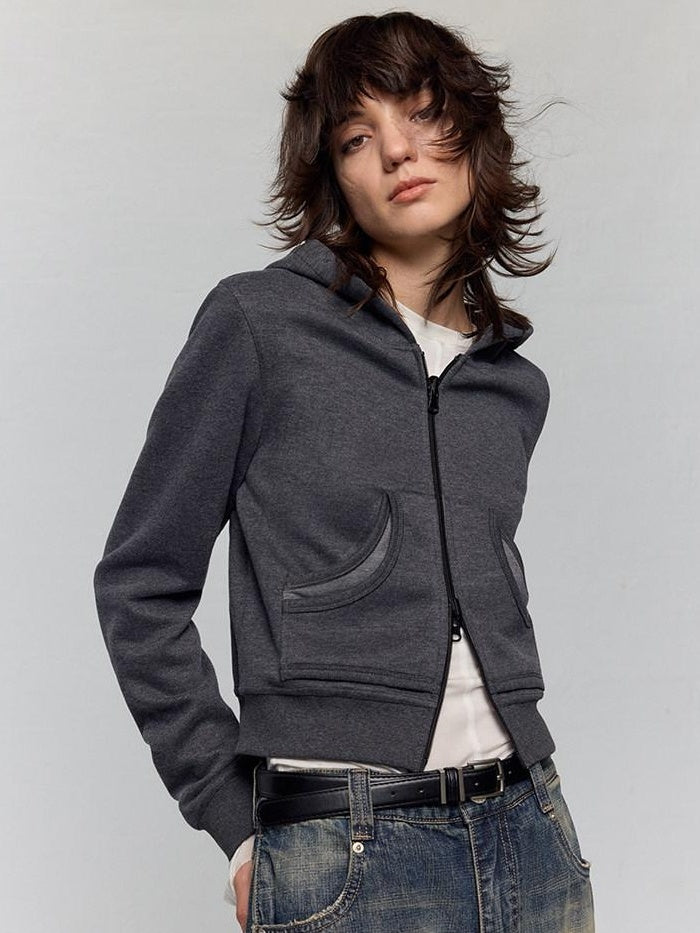 RUN TO THE FUTURE Slim Cropped Zip Hooded Pocket Commuter Vintage Gray Women Hoodies