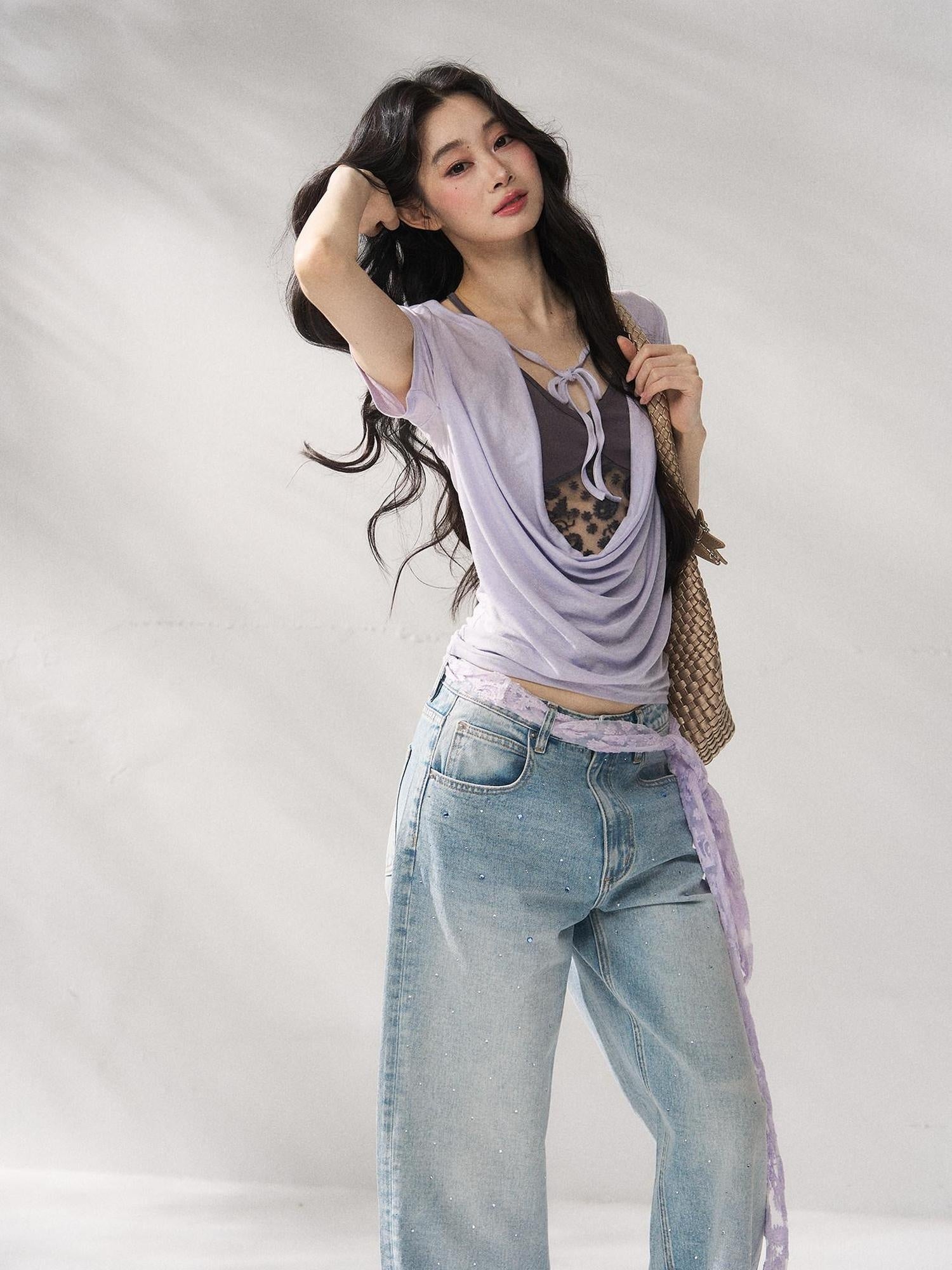 7Shiftin Purple Tie Front Relaxed Crew Neck Short Sleeve Casual Women Basic Crop Tops