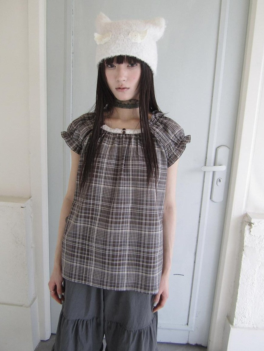 ang project Brown Plaid Patchwork Lace Trim Puff Sleeve Women&