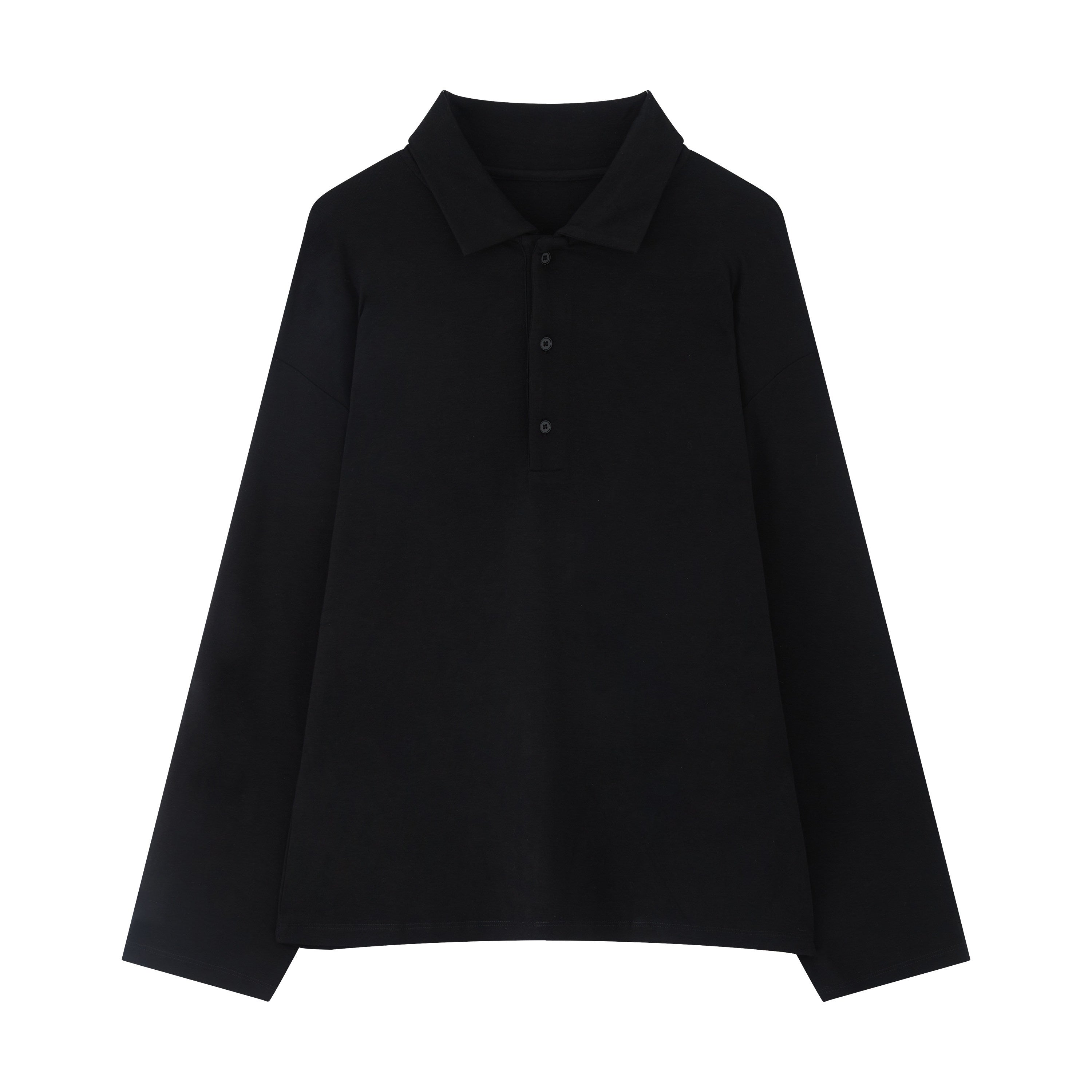 RUN TO THE FUTURE Lyocell Wool Blend Commuter Loose Fit Henley Classic Black Long Sleeve T-Shirts