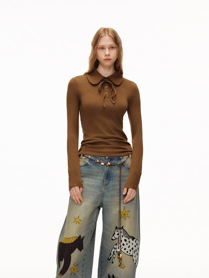 OuttheBlue Viscose Wool Stretch Slim Fit Henley Neck Women Cocoa Long Sleeve T-Shirts
