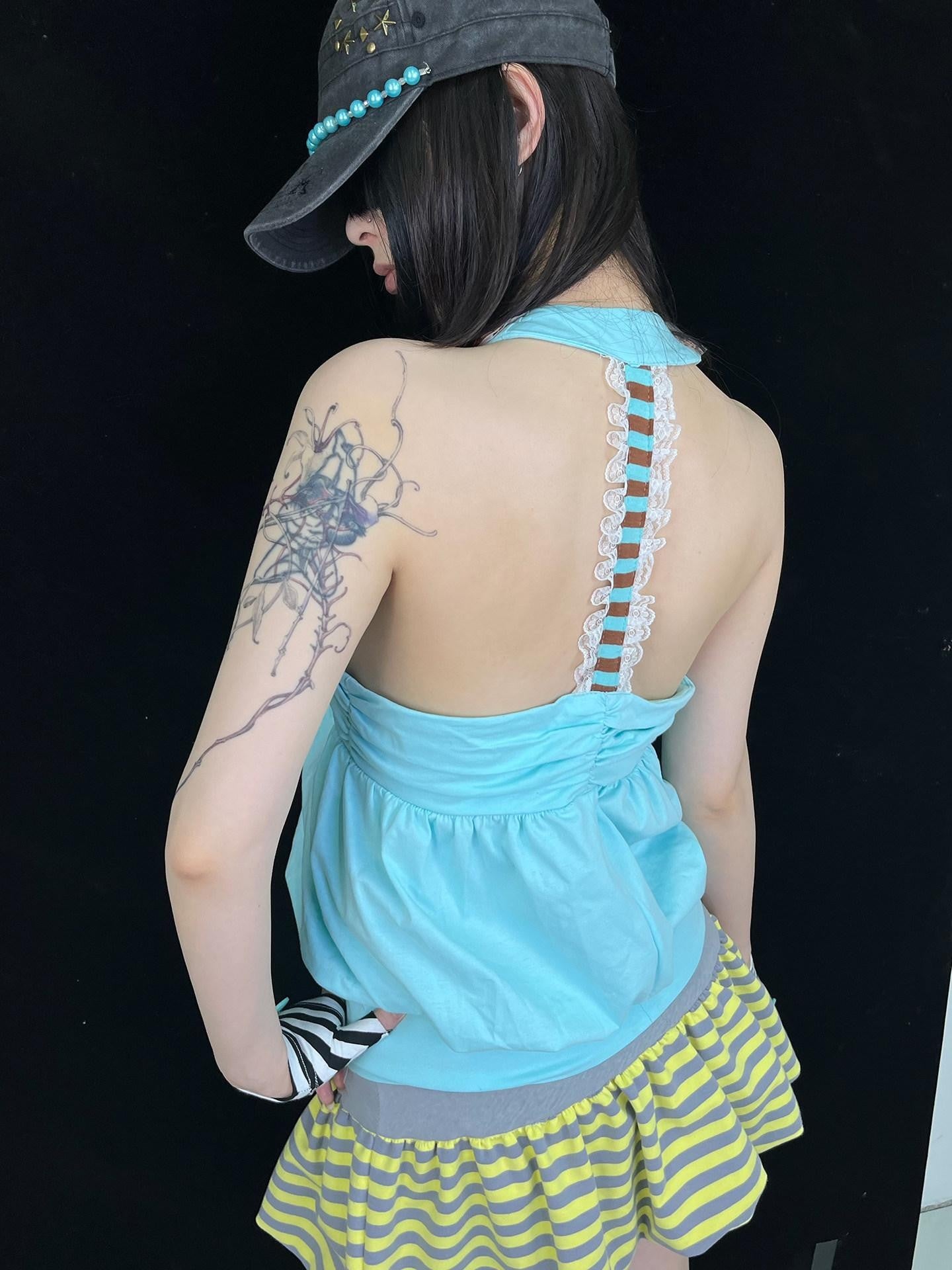 Ttsunami Beaded Sequined Ruched V-neck Halter Open Back Mint Green Women&