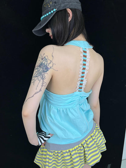 Ttsunami Beaded Sequined Ruched V-neck Halter Open Back Mint Green Women&