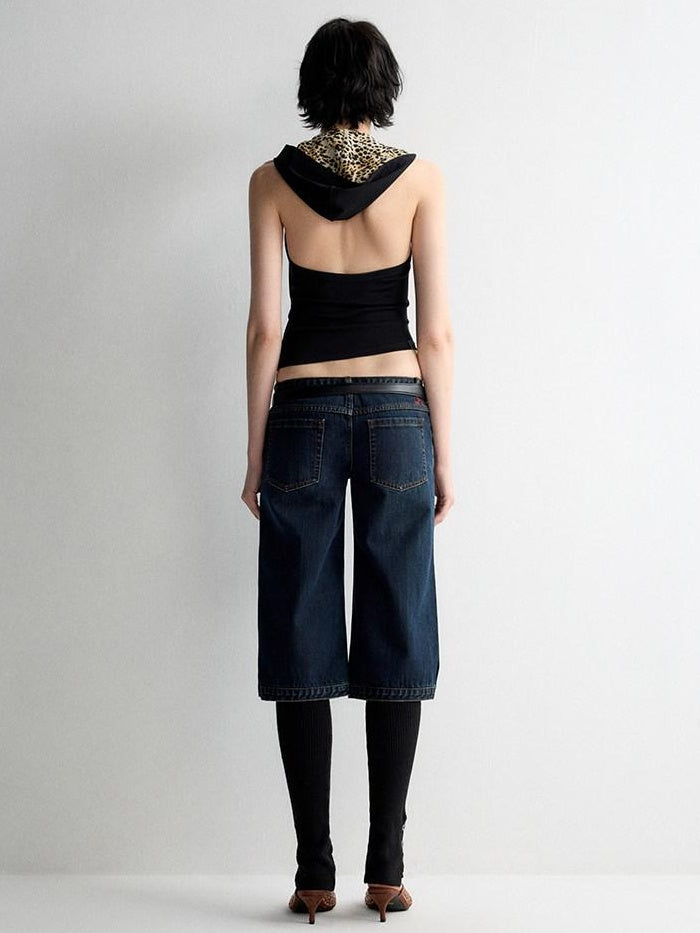 RUN TO THE FUTURE Durable Vintage Deep Blue Casual Low Rise Straight Fit Zipper Denim Shorts
