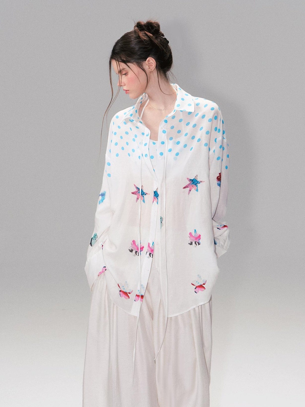 The NeverMore Soft Breathable Linen Blend Relaxed Drop Shoulder Polka Dot Long Sleeve Shirts