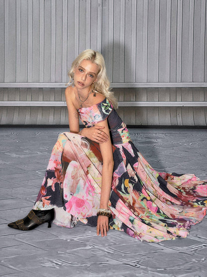 The NeverMore Light Stretch Printed Pink Side Zipper A Line Loose Fit Mid Waist Maxi Skirts