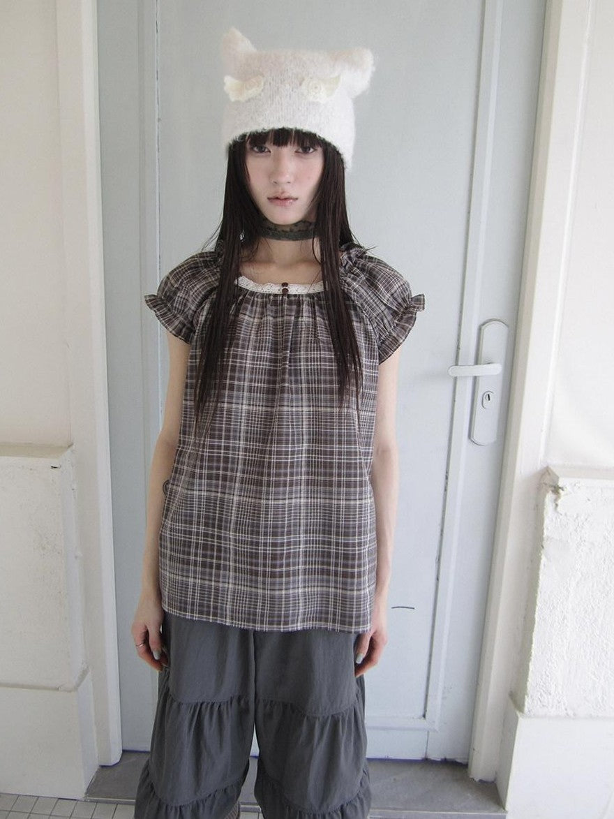 ang project Brown Plaid Patchwork Lace Trim Puff Sleeve Women&