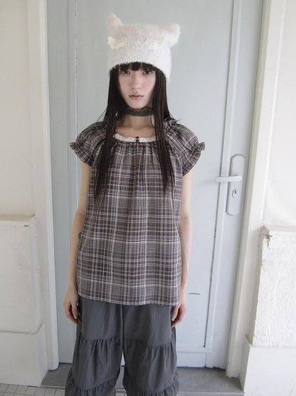 ang project Brown Plaid Patchwork Lace Trim Puff Sleeve Women&