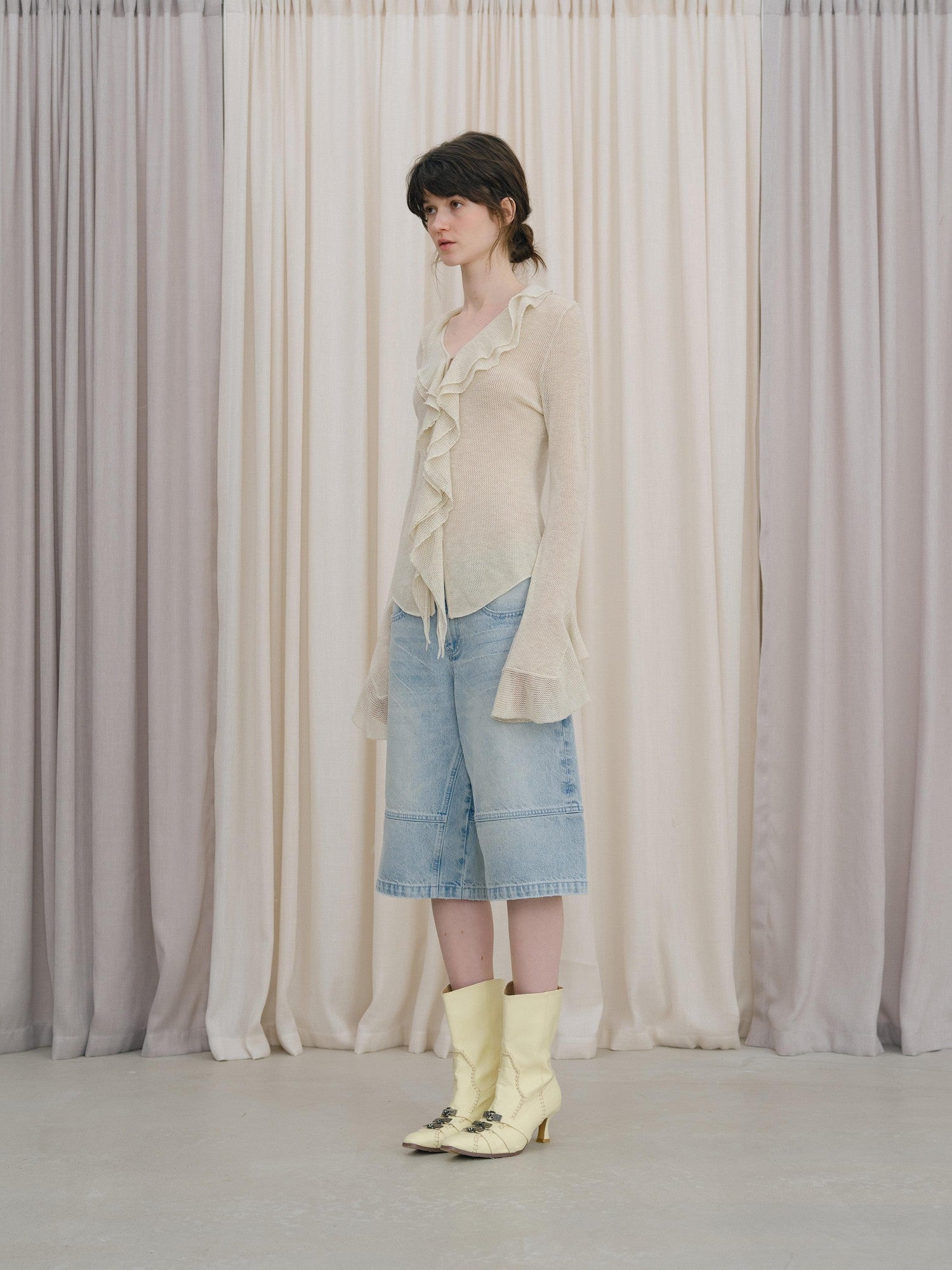 DKZ OFFICIAL Irregular Ruffle Tie V-neck Sheer Knitted Women&