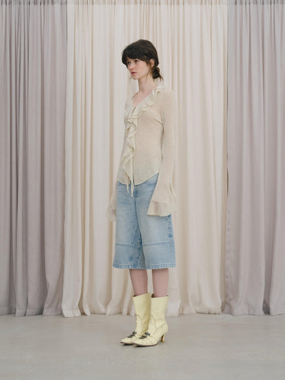 DKZ OFFICIAL Irregular Ruffle Tie V-neck Sheer Knitted Women&