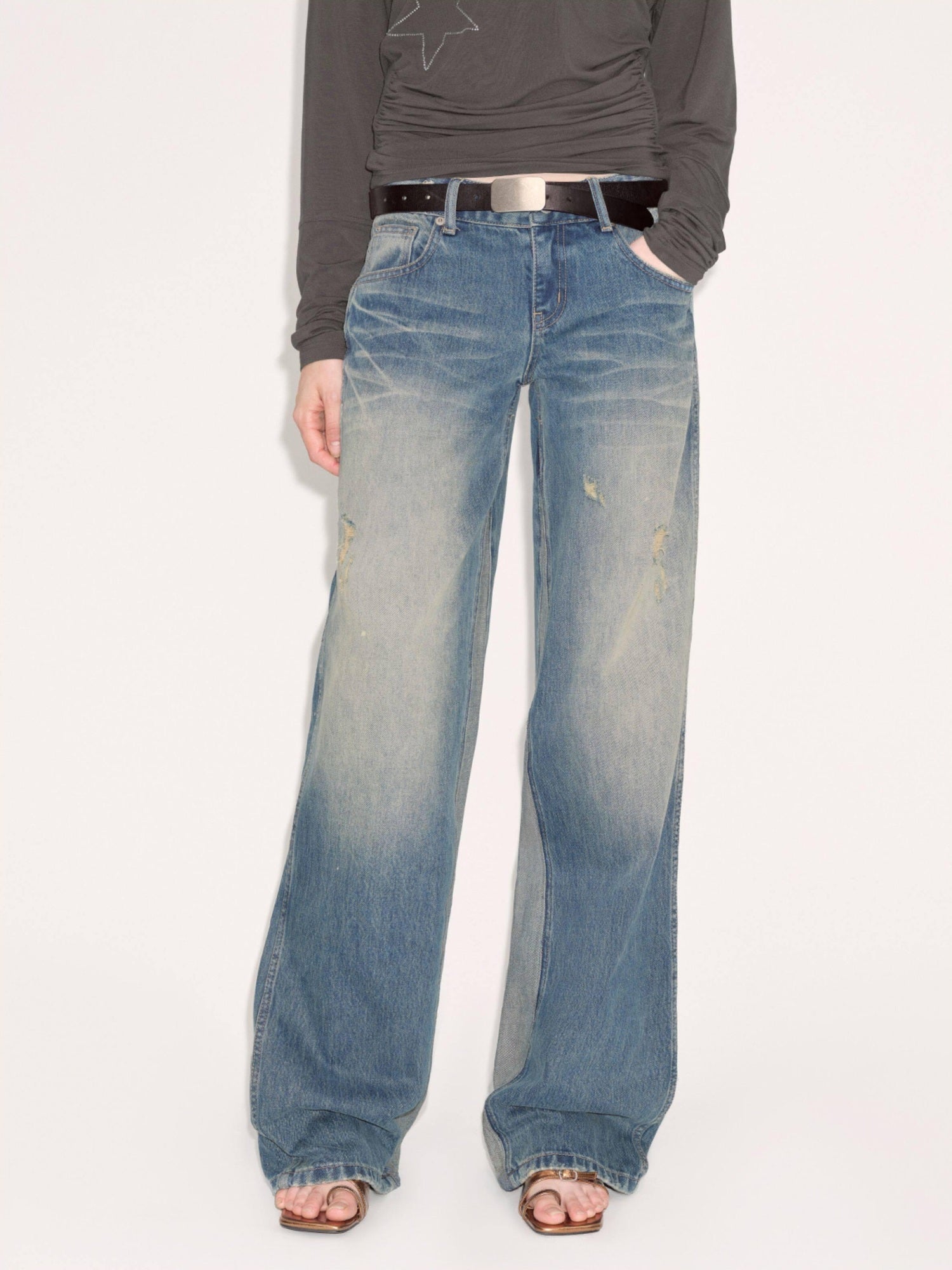 RUN TO THE FUTURE Durable Rigid Vintage Low Rise Women Zip Fly Classic Denim Blue Straight Jeans