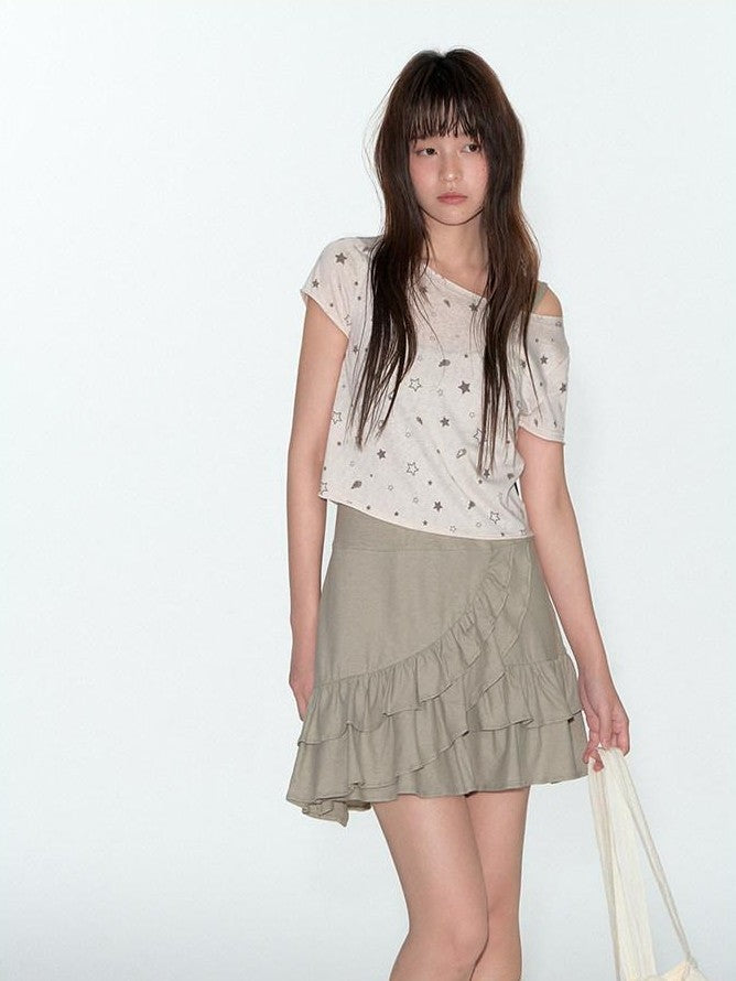 NAPSNAPS Star Print Asymmetric Slanted Shoulder Women&