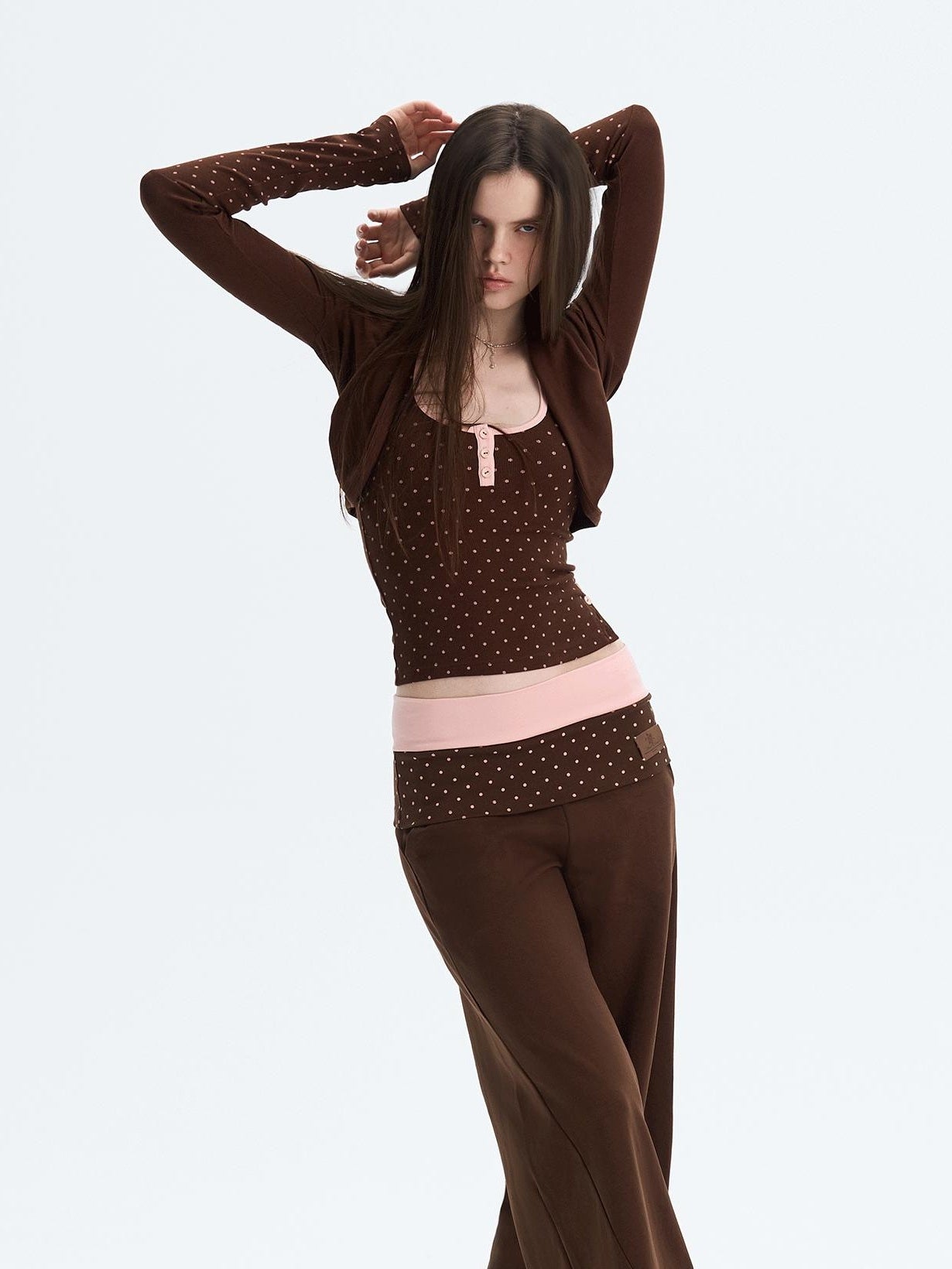 The NeverMore Polka Dot Patchwork Three Piece Long Sleeve Women Long Pants Top &amp; Pants Sets