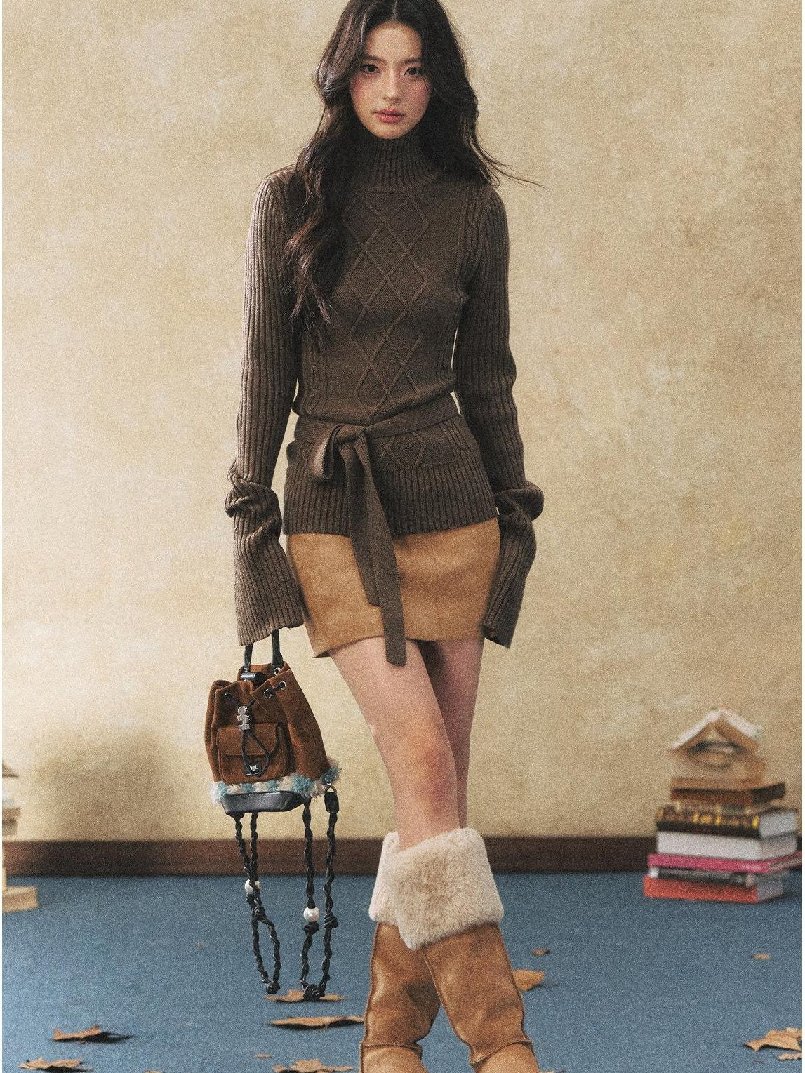 7Shiftin Cozy Belted High Neck Slim Fit Cable Diamond Knit Long Sleeve Women Sweaters