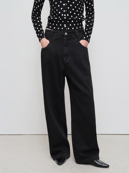 RUN TO THE FUTURE Distressed Washed Black Relaxed Fit Button Fly Mid Low Rise Women Wide-Leg Jeans