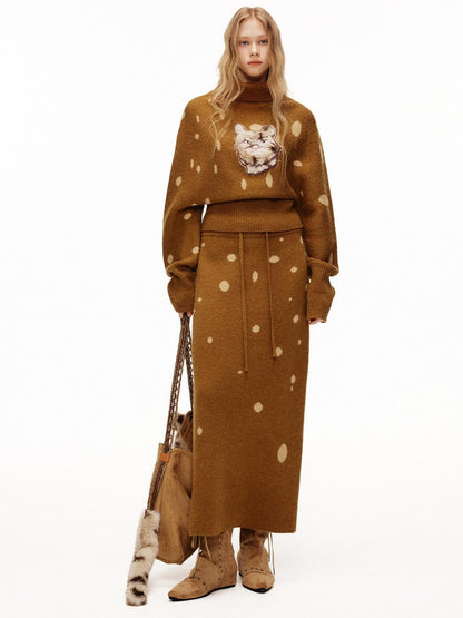 OuttheBlue Cozy Turtleneck Pullover Waist Cinched Casual Animal Print Knit Top &amp; Skirt Sets