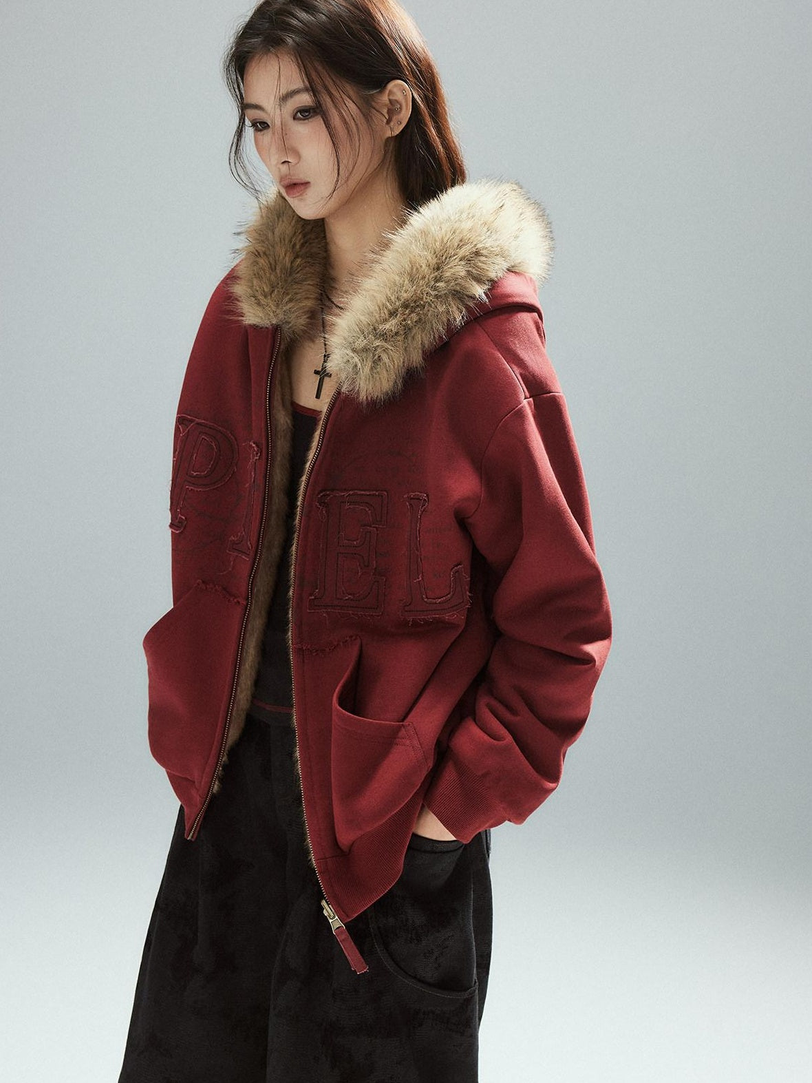 Low pixel Thick Warm 100 Percent Cotton Street Loose Fit Zip Up Women Red Oversized Hoodie