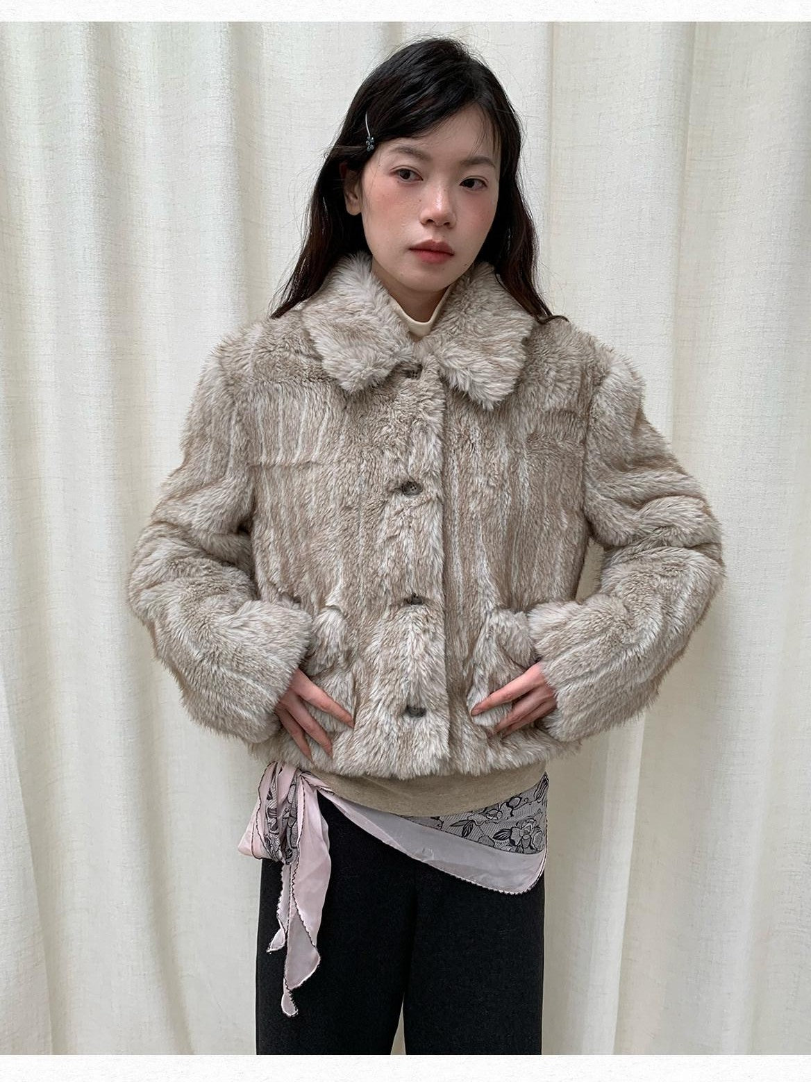 Dorydory Striped Turn Down Collar Eco Fur Textured Women&