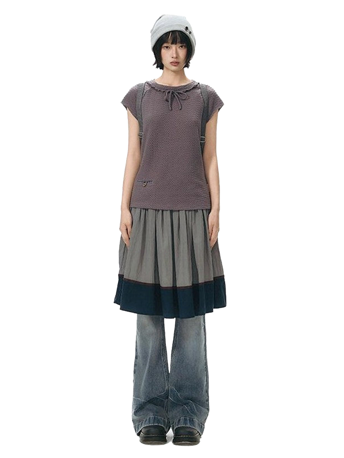 NAPSNAPS Washed Blue Star Embroidered Low Waist Micro Flare Women&
