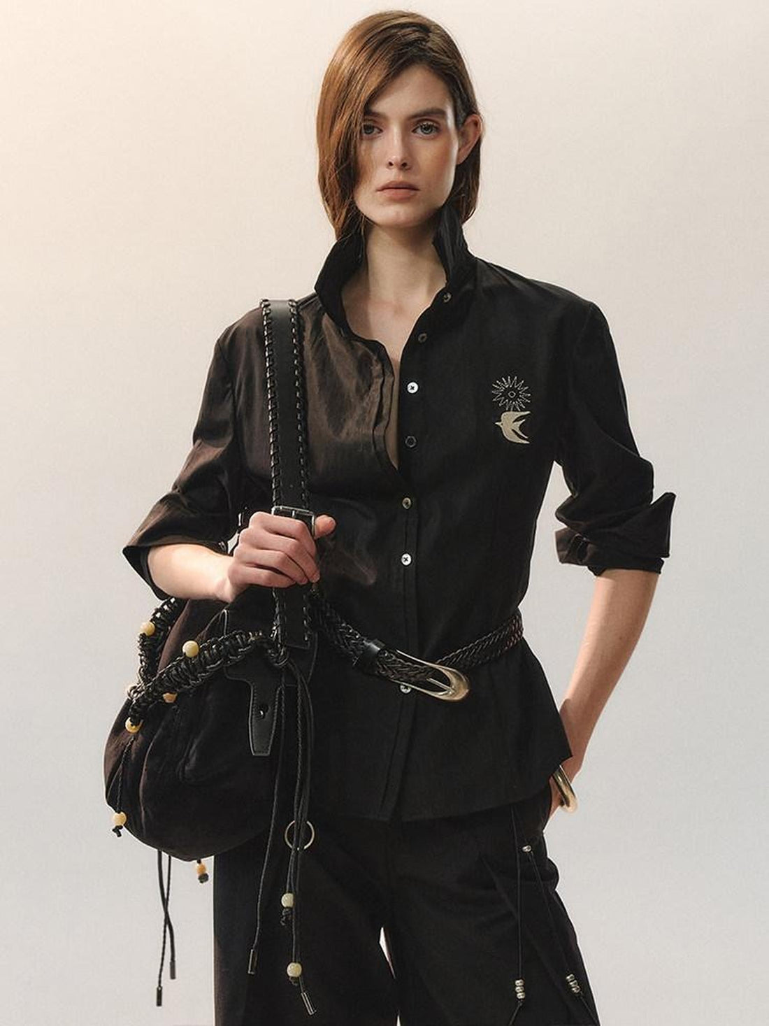 AnnoMundi Embroidered Lyocell Lace Slim Fit Double Collar Long Sleeve Women Black Blouses