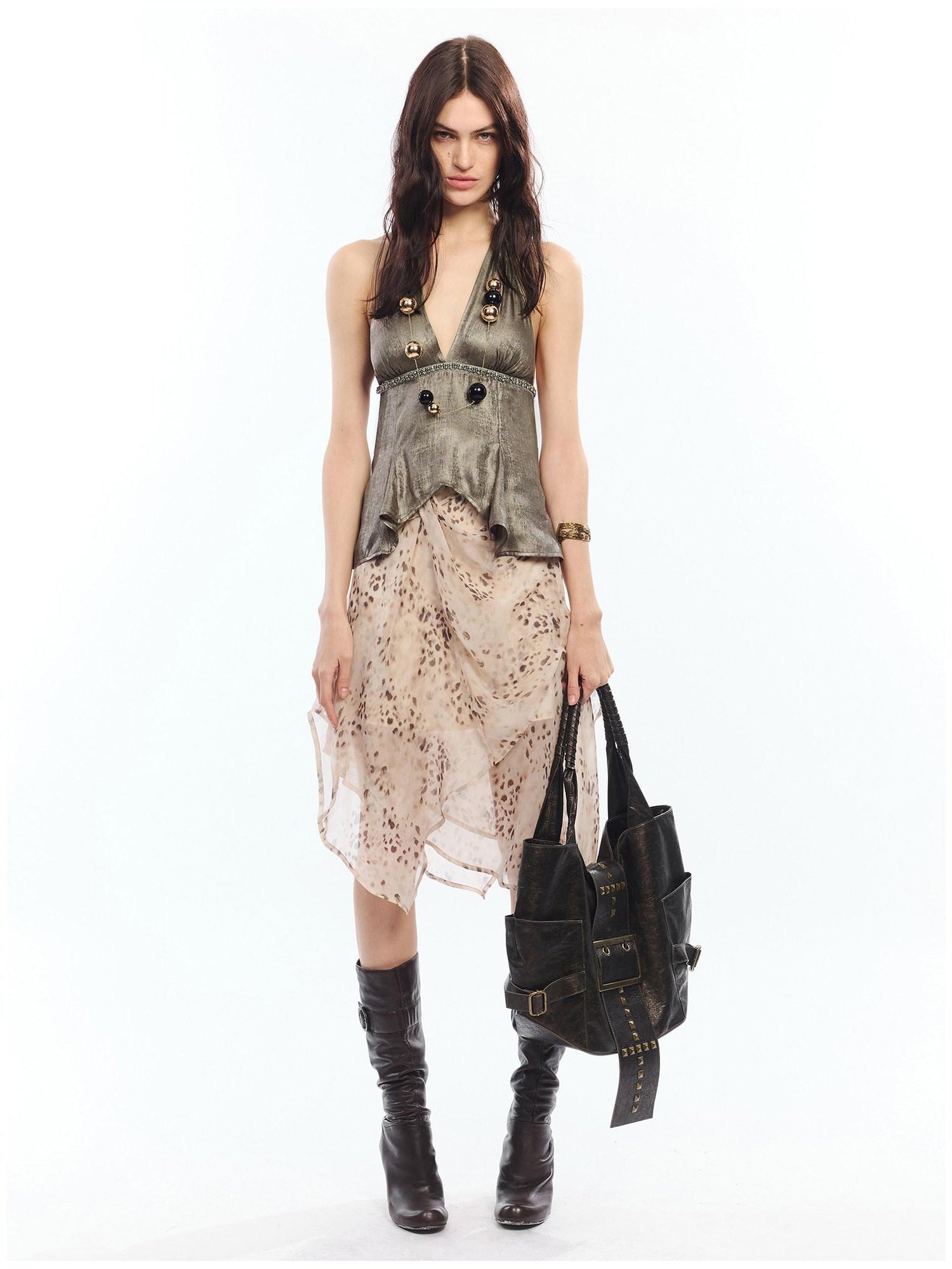 2th Desire Printed Plaid Halter V-neck Slim Fit Polyester Women Chic Tank Tops