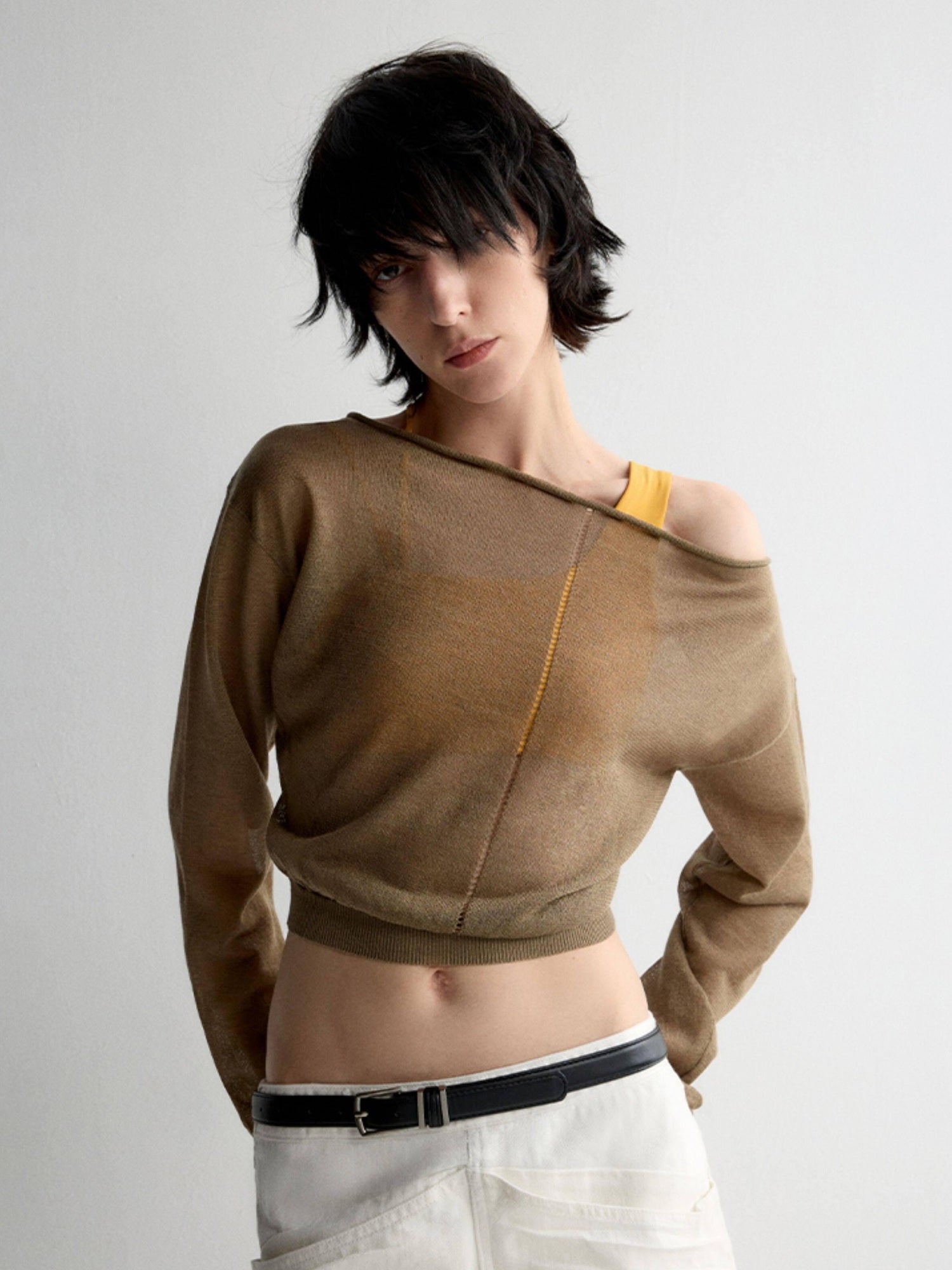 RUN TO THE FUTURE Lyocell Wool Blend Reversible Loose Cropped Boat Neck Knit Long Sleeve T-Shirts