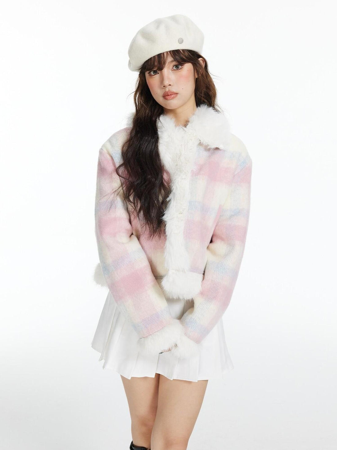 7Shiftin Pink Plaid Hidden Button Notch Lapel Preppy Youth Straight Fit Cropped Jackets