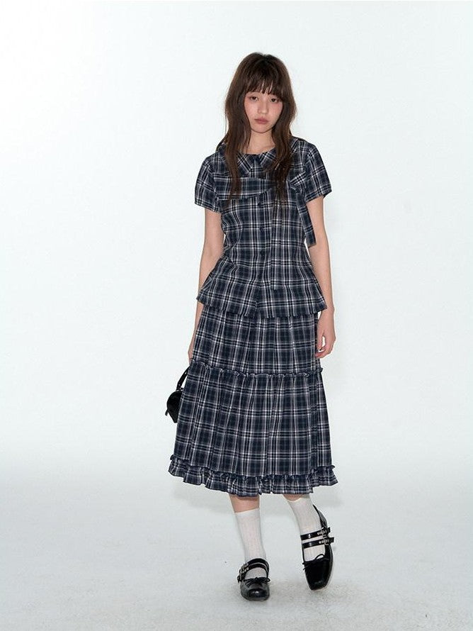 NAPSNAPS Blue Plaid Ruffle Hem High Waist Pleated Patchwork Women&