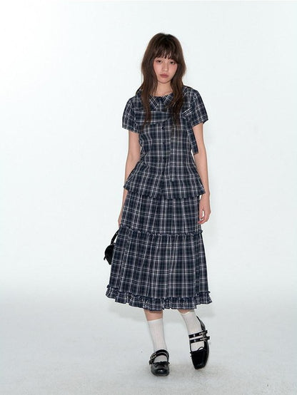 NAPSNAPS Blue Plaid Ruffle Hem High Waist Pleated Patchwork Women&