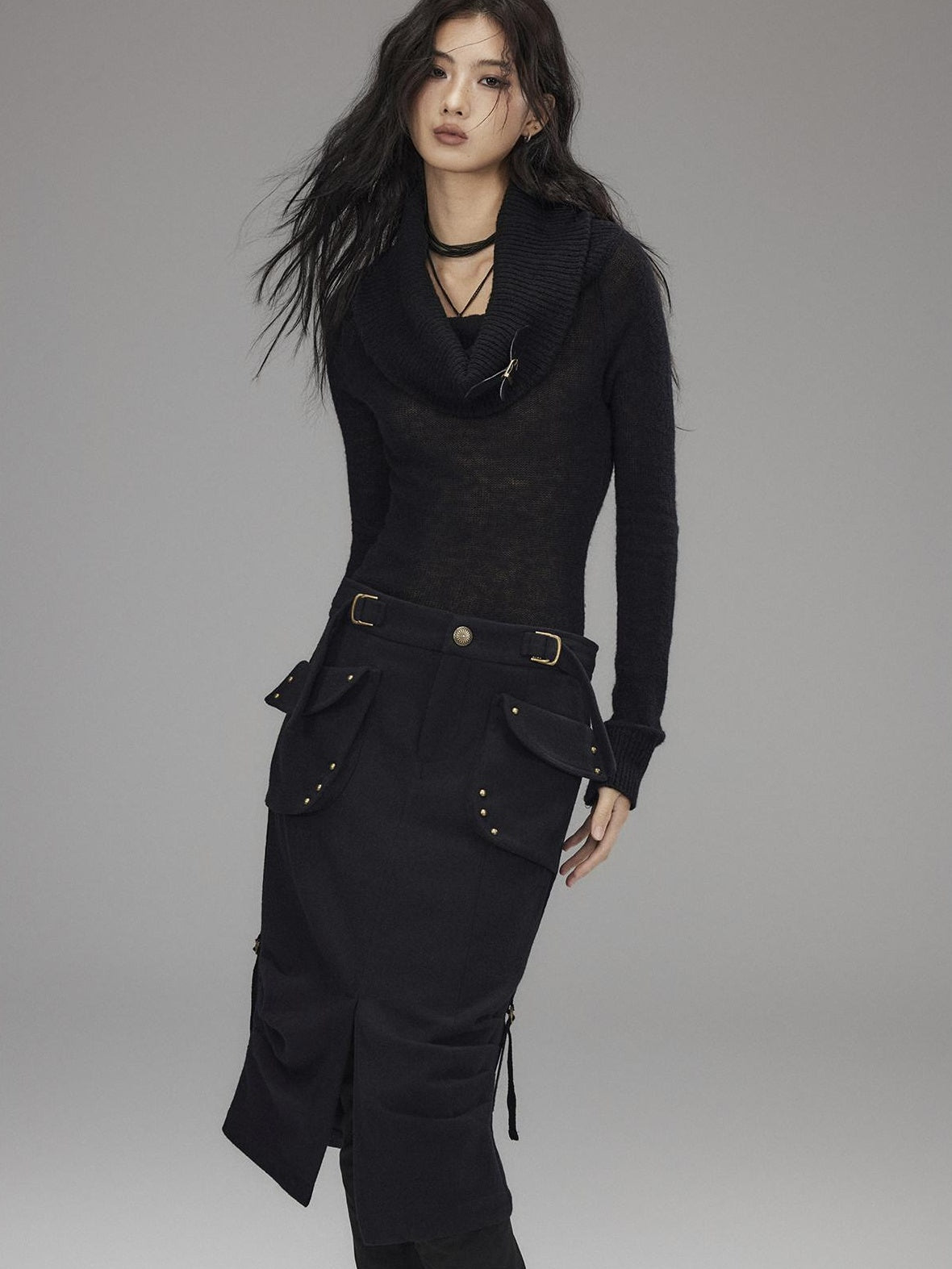 Low pixel Wool Blend Low Rise Cargo Pockets Front Slit Hline Casual Black Midi Skirts