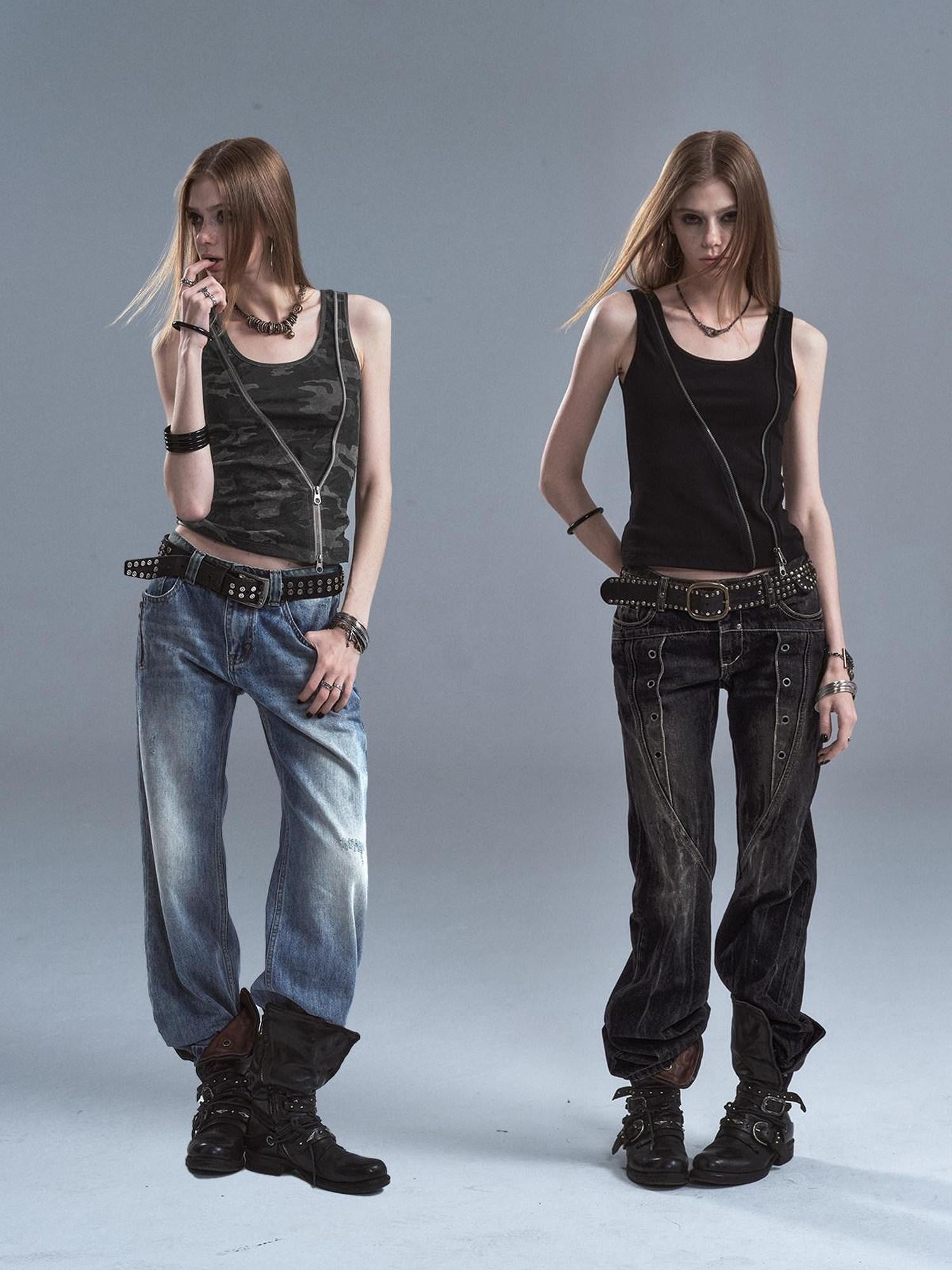 wear And tear Printed Camo Black Diagonal Zip Two Way Cinched Waist Women&
