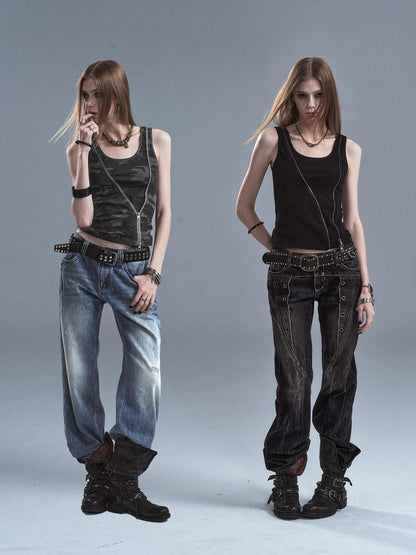 wear And tear Printed Camo Black Diagonal Zip Two Way Cinched Waist Women&