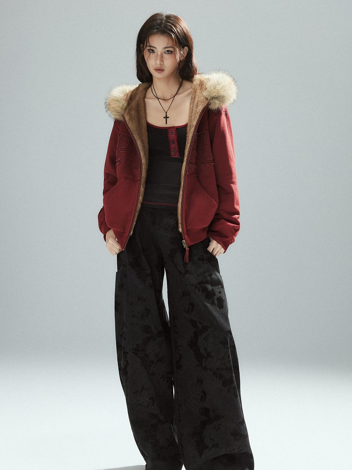 Low pixel Thick Warm 100 Percent Cotton Street Loose Fit Zip Up Women Red Oversized Hoodie