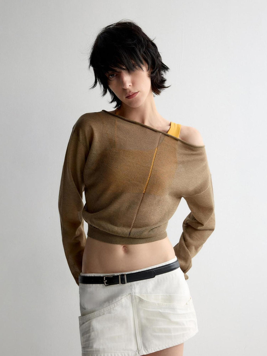 RUN TO THE FUTURE Lyocell Wool Blend Reversible Loose Cropped Boat Neck Knit Long Sleeve T-Shirts