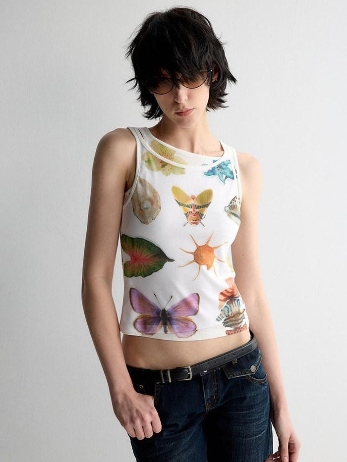 RUN TO THE FUTURE Original Print Asymmetrical Slim Fit Tencel Cropped Animal Women White Tank Tops
