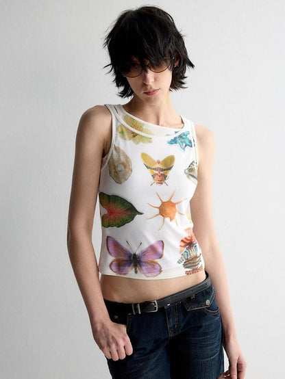 RUN TO THE FUTURE Original Print Asymmetrical Slim Fit Tencel Cropped Animal Women White Tank Tops