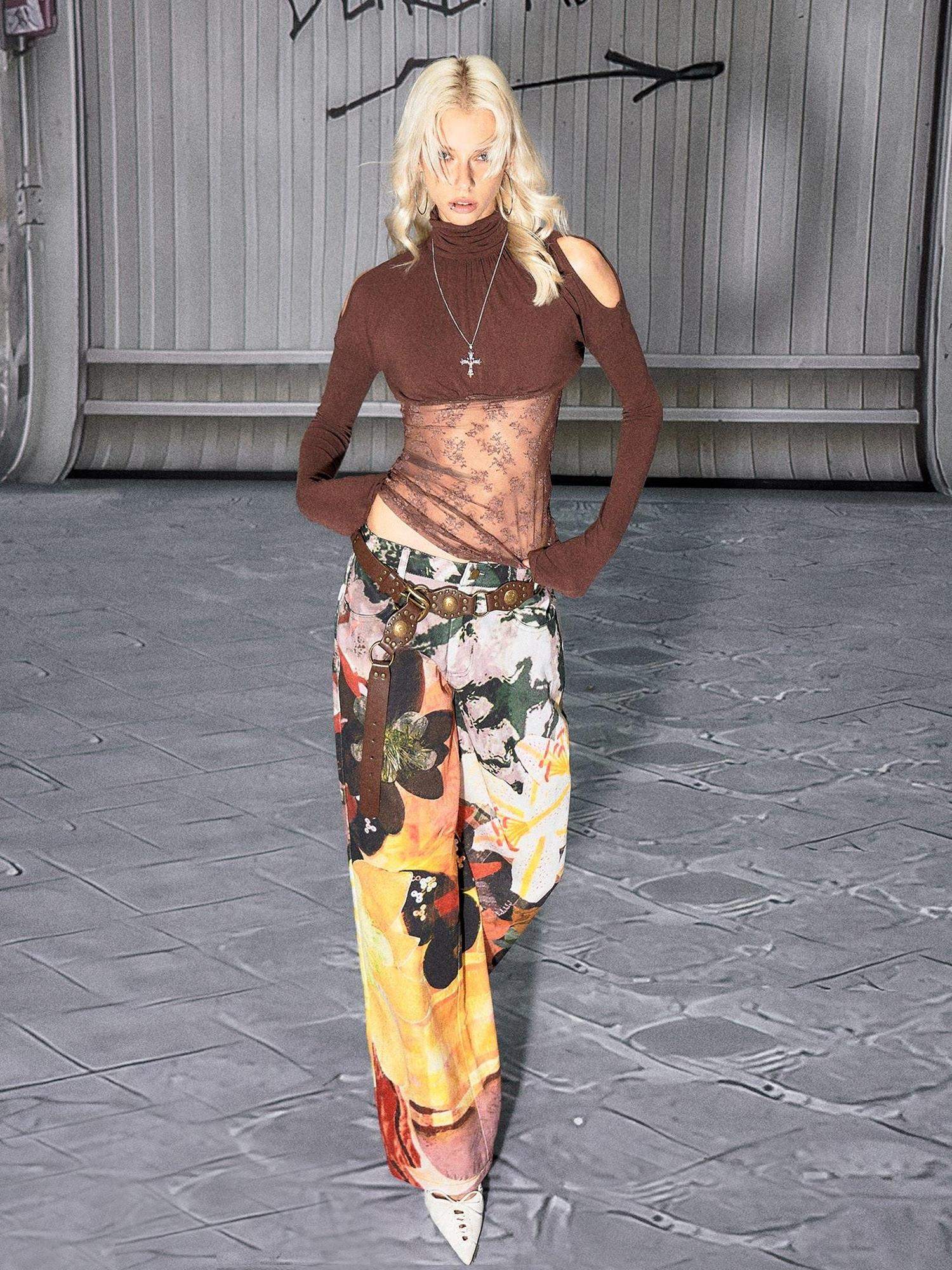 The NeverMore Sexy Mid Low Waist Hot Girl Floral Printed 100 Percent Cotton Wide Leg Pants