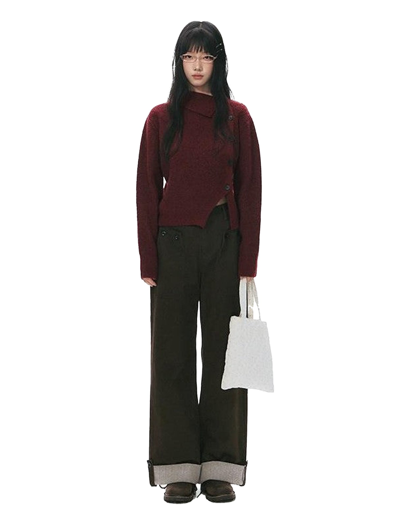 NAPSNAPS Rust Red Asymmetrical Placket Knit Mock Neck Women&