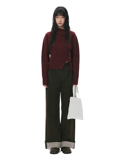 NAPSNAPS Rust Red Asymmetrical Placket Knit Mock Neck Women&