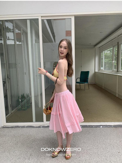 DKZ OFFICIAL Pink Ribbed Elastic Waist Asymmetric A Line Women&