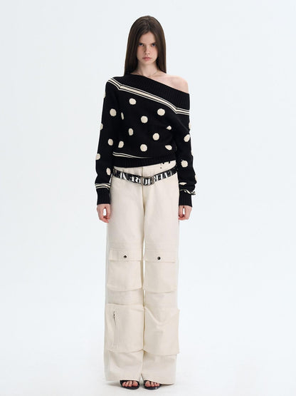 The NeverMore Cozy Thermal Acrylic Wool Polka Dot Boat Neck Relaxed Women Knit Sweaters