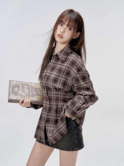 DKZ OFFICIAL Plaid Shirred Drop Shoulder Women&